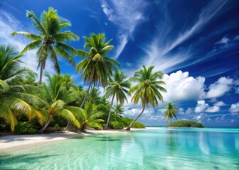 Vibrant palm trees sway above a tranquil turquoise lagoon, surrounded by lush greenery and powdery white sand beaches under a radiant blue summer sky.