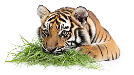 Obraz premium Tiger Cub Eating Grass