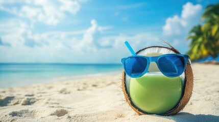 Obraz premium Coconut Drink with Sunglasses on the Beach