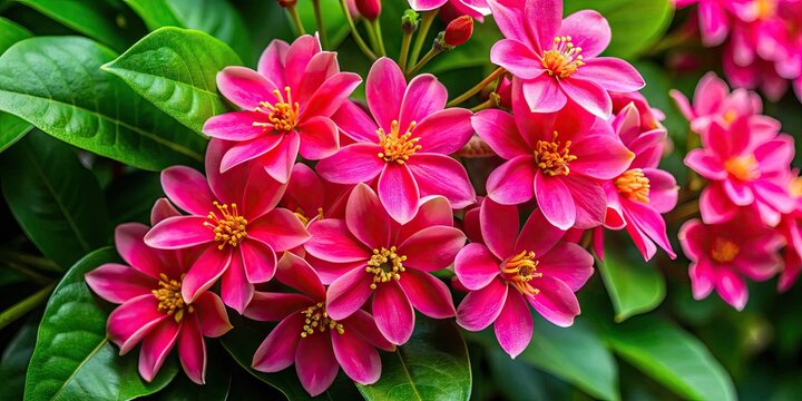 Vibrant pink sonaja flowers with delicate petals and golden centers bloom amidst lush green foliage, creating a stunning natural arrangement with intricate textural details.