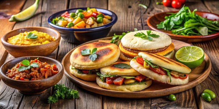Vibrant plate of traditional Venezuelan cuisine featuring arepas, cachapas, teque&ntilde;os, and empanadas, garnished with fresh cilantro and lime wedges against a warm wooden background.