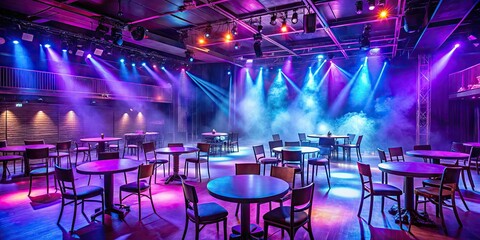 Obraz premium Vibrant purple and blue neon lights illuminate a dimly lit, smoke-filled room with a pole center stage, surrounded by empty tables and chairs.