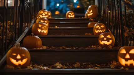 Fototapeta premium A staircase adorned with glowing jack-o'-lanterns for Halloween celebration.