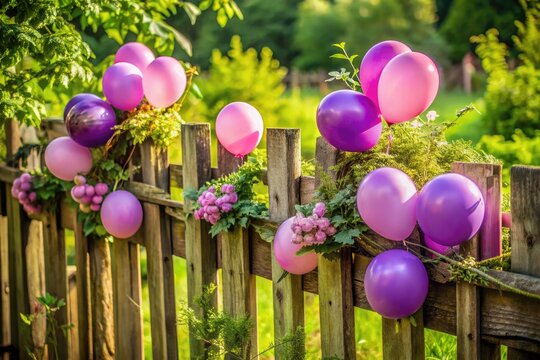 Vibrant purple and pink balloons tied to a rustic wooden fence, surrounded by lush greenery, conveying a whimsical and playful atmosphere.