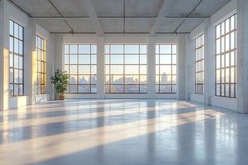 Fototapeta premium A minimalist loft with large windows offering a stunning city view, bathed in soft natural light.