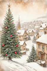 Snowy Christmas Village with Decorated Tree – Holiday Greeting Card