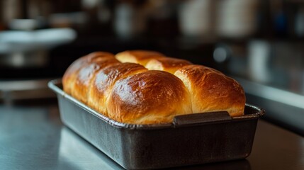 Freshly baked brioche bread loaf in a metal pan on kitchen counter. Home baking and comfort food concept