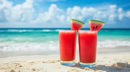 A cool and refreshing watermelon drink, perfect for sipping on a sunny day at the beach.