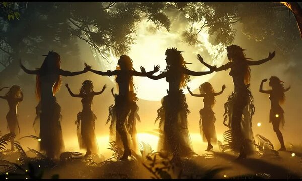 A group of elves dancing in a moonlit forest, their voices blending with the sounds of nature. Video