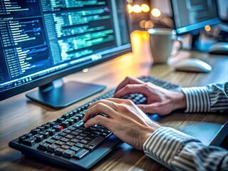 Close-up of a computer worker's hands on a keyboard