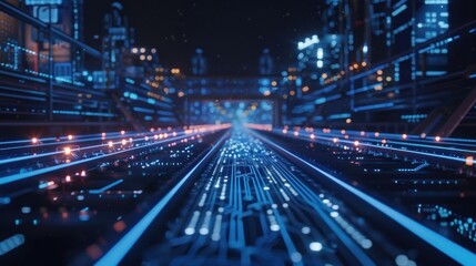 Futuristic Cityscape with Glowing Rails