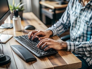 Close-up of a computer worker's hands on a keyboard
