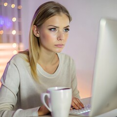 close up portrait computer woman coding late at night