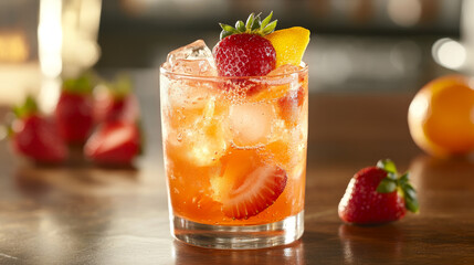 Enjoy a delightful strawberry beverage where sweet strawberries harmonize with tangy citrus flavors.