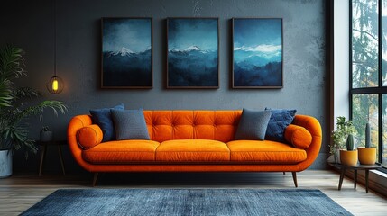 Fototapeta premium An elegant, modern living room with an orange sofa and abstract paintings on the wall