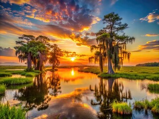 Vibrant sunset casts a warm glow over a tranquil marsh landscape, with cypress trees and Spanish moss, in the southeastern United States.