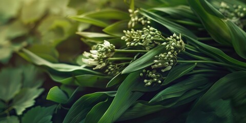 Obraz premium Fresh wild bear s garlic leaves bundle foraged edible plant in spring