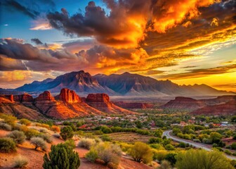 Fototapeta premium Vibrant sunset casts a warm glow over the scenic red rock landscape of St. George, Utah, with rolling hills and majestic mountains in the distance.