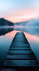 Naklejka premium serene dock extending into misty lake at sunrise