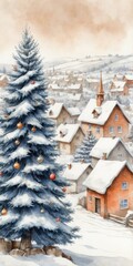 Snowy Christmas Village with Decorated Tree &ndash; Holiday Greeting Card