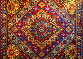 Naklejka premium Vibrant Turkish-inspired carpet with intricate geometric patterns and rich colors sprawls across a modern room, adding warmth and cultural flair to the interior design.