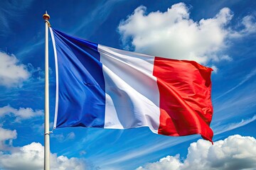 Vibrant vertical tricolor flag with blue, white, and red stripes waving in the wind, symbolizing French national pride and identity.