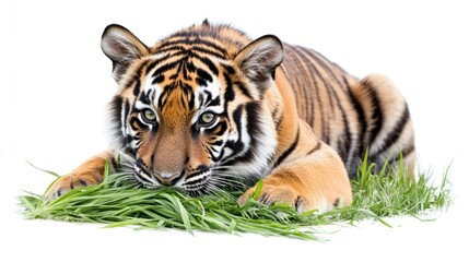 Obraz premium Tiger Cub Eating Grass