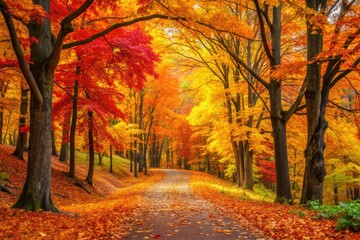 Vibrant yellow, orange, and red leaves blanket the forest floor, surrounding a winding path beneath a canopy of rustling trees on a crisp autumn day.