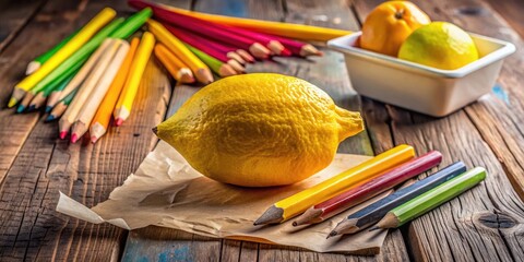 Vibrant yellow lemon sits atop a worn wooden desk, surrounded by scattered pencils, erasers, and crumpled paper, amidst a creative still life art setup.