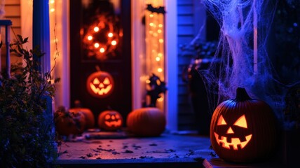Obraz premium Halloween porch decorated with glowing Jack-O'-Lanterns, cobwebs, and spooky lighting, creating a haunting atmosphere perfect for trick-or-treat night.
