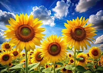 Obraz premium Vibrant yellow sunflowers sway gently in the summer breeze, their bright petals and dark centers illuminated against a clear blue sky with fluffy white clouds.
