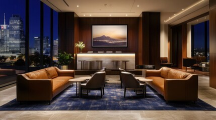 Modern Hotel Lobby with City Views and a  Mountain Landscape Painting