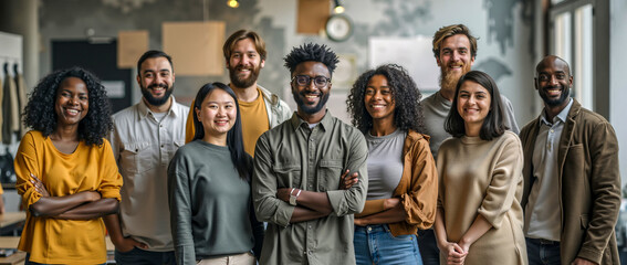 A group of people standing in an office