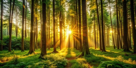 Fototapeta premium Warm golden light filters through towering trees, casting a serene atmosphere as the sun sets behind a tranquil forest landscape with lush green foliage.