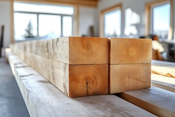 Close-up of wooden beams in a minimalist workshop, showcasing craftsmanship and local sourcing.