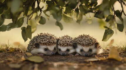 Obraz premium Little hedgehogs huddle close for warmth under a low-hanging bush.
