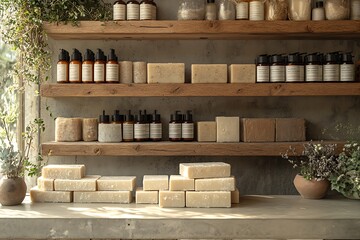 Eco-friendly soaps and cosmetics displayed on minimal wooden shelves.