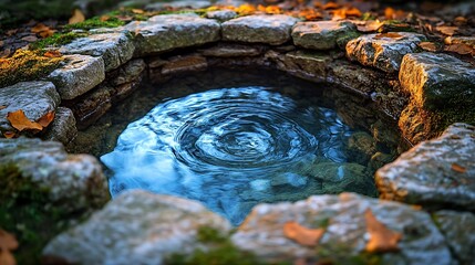 A stone well with clear water and a ripple in the center.