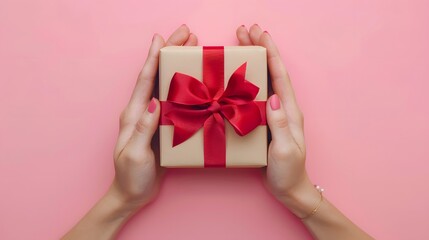 Woman hands holding birthday gift box with red bow on pink background