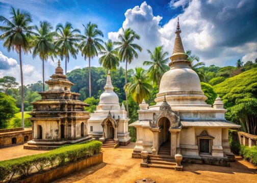 Wide-Angle View Of A Traditional Sri Lankan Temple With Ornate Stupas, Arched Gateways, And Tropical Foliage In The Foreground