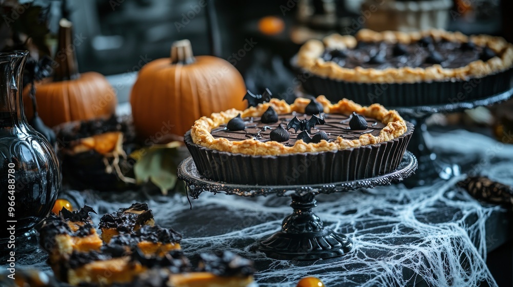 Sticker A festive Halloween dessert display featuring pumpkin pies, bats, and autumn decorations.