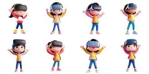 Cartoon kid wearing VR glass  transparent collection set in png no background for decoration.