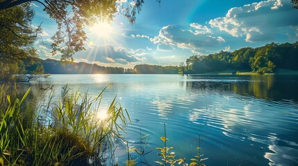 Peaceful Lakeside Scene with Clear Water and Sparkling Sunlight
