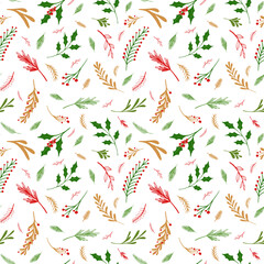 Seamless holly leaf pattern background with red, golden and green colored branches, winter botanical illustration vector design for textile, wrapping paper. Floral ecological set.