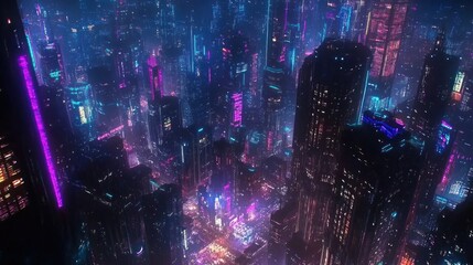 Obraz premium A Nighttime View of a Futuristic Cityscape with Neon Lights