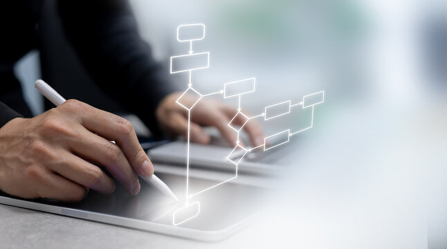 close up manager executive man hand press digital screen tablet with virtual workflow to create solution and decide about solving problem with logic strategy for improve and analyse business concept