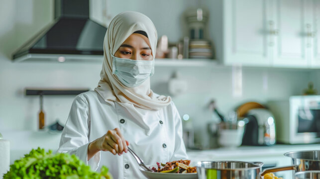 A woman wearing a face mask preparing food in a kitchen - Powered by Adobe