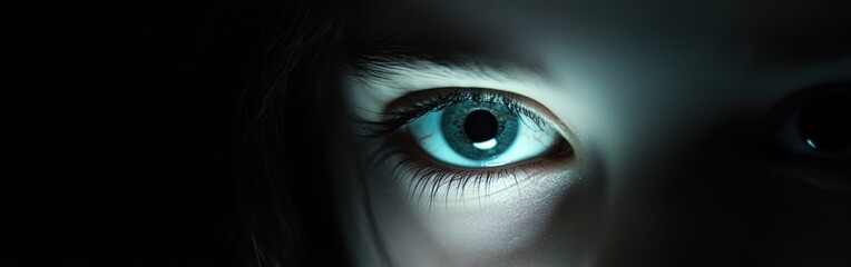 Obraz premium Close-up of a human eye illuminated in a dark setting, emphasizing detail and color.