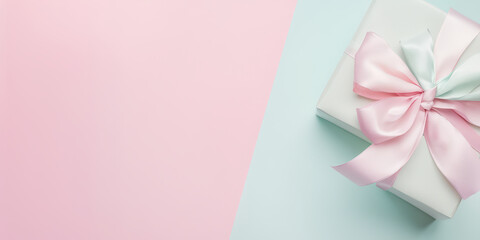 Gift box with pastel pink bow on two-tone background.