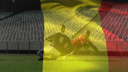 Animation of flag of belgium over diverse rugby players - Powered by Adobe